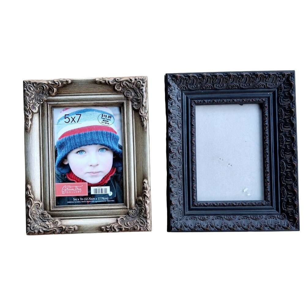 Set Of 2 Vintage-Style Ornate 5x7 Photo Frames In Gold & Black With Easel Back &